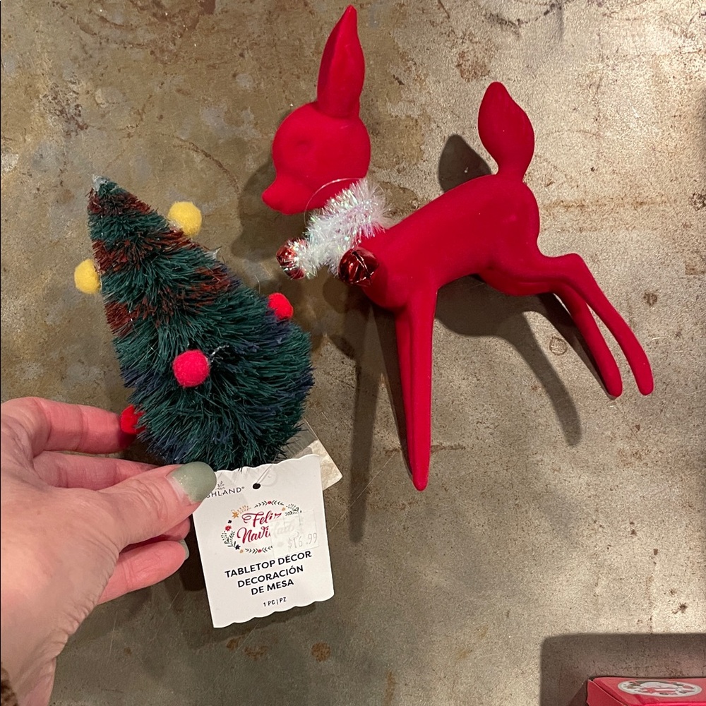 Red Reindeer and Festive Tree Decor Set